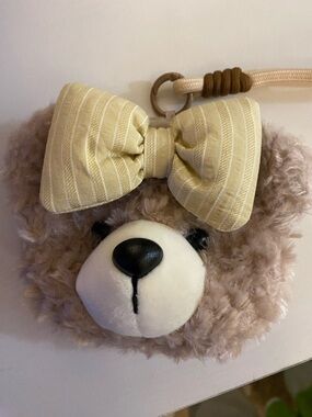 Plush Bear Face Keychain Wallet - Cream Bow